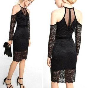 Express Black Lace Velvet Piped Cold Shoulder Bodycon Long Sleeve Dress